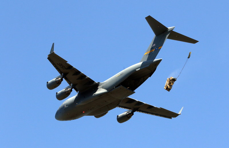 MRZR ATV dropping from a C-17 transport.